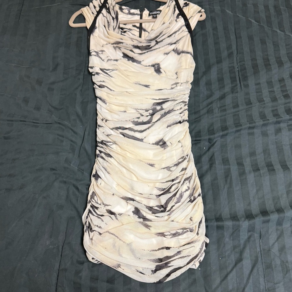 bebe Ivory and Black Ruched Cowl Neck Mini Dress